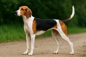 American Foxhound displaying its slender, athletic build typical of the breed.