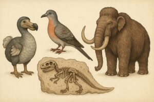 Illustration of extinct species including the dodo bird, passenger pigeon, dinosaur fossil, and woolly mammoth. 