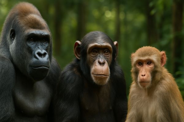 Gorilla, chimpanzee, and macaque in a lush green forest